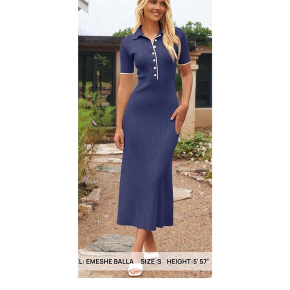 MEROKEETY Women's V Neck Ribbed Knit Maxi Dress Button Short Sleeve Slim Fit~M - Picture 13 of 13